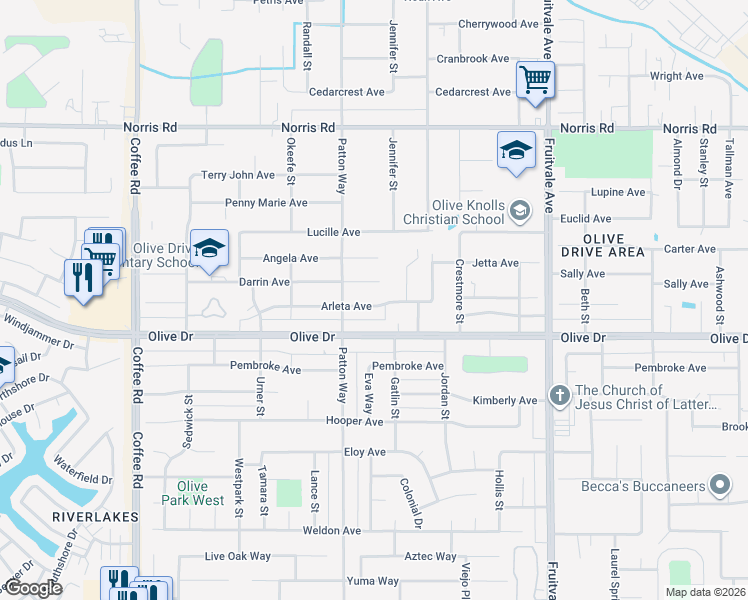 map of restaurants, bars, coffee shops, grocery stores, and more near 7108 Arleta Avenue in Bakersfield