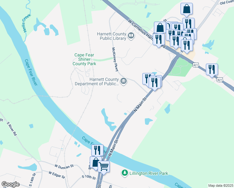 map of restaurants, bars, coffee shops, grocery stores, and more near 927 North Main Street in Lillington