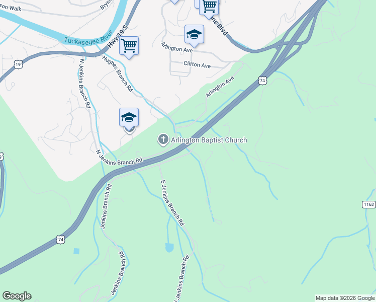 map of restaurants, bars, coffee shops, grocery stores, and more near 664 Hughes Branch Road in Bryson City