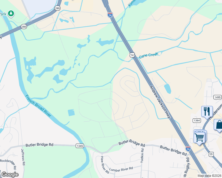 map of restaurants, bars, coffee shops, grocery stores, and more near 329 Tap Root Lane in Fletcher
