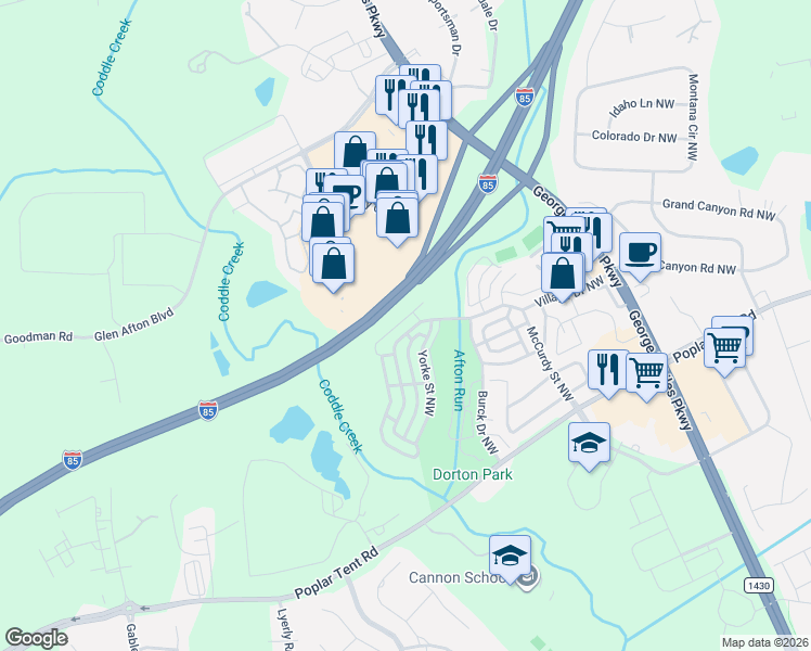 map of restaurants, bars, coffee shops, grocery stores, and more near 5951 Village Drive Northwest in Concord