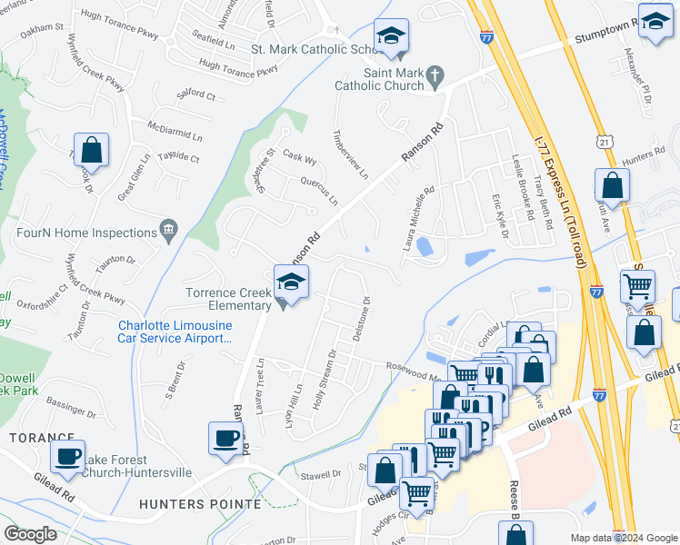 map of restaurants, bars, coffee shops, grocery stores, and more near 14736 Lyon Hill Lane in Huntersville