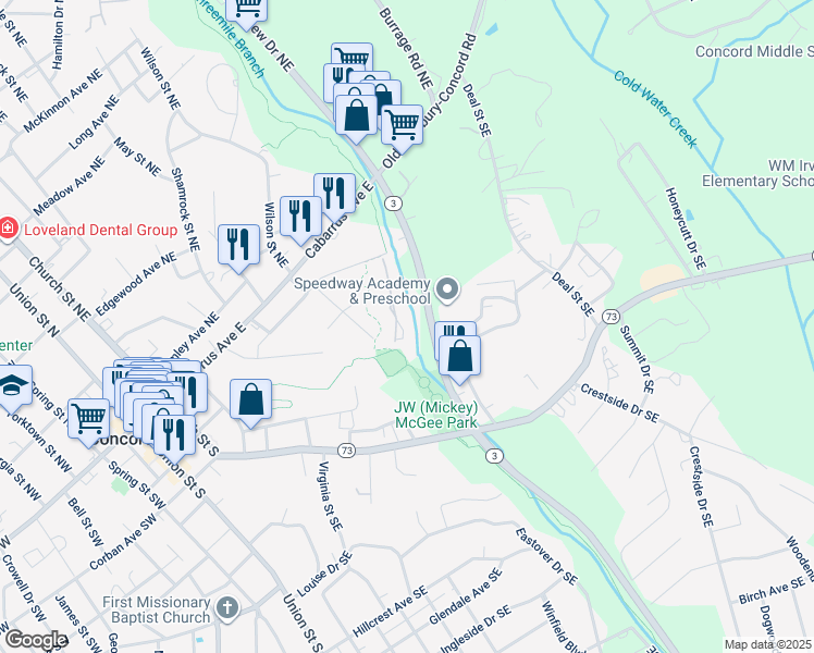map of restaurants, bars, coffee shops, grocery stores, and more near 345 Valley Brook Lane Southeast in Concord
