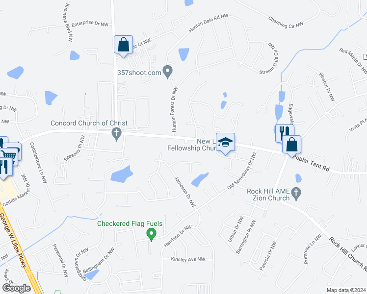 map of restaurants, bars, coffee shops, grocery stores, and more near 4225 Poplar Tent Road in Concord
