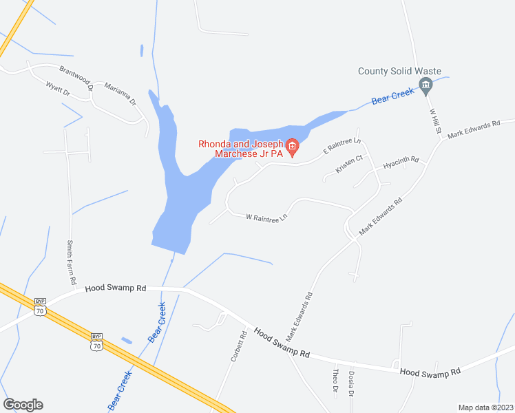 map of restaurants, bars, coffee shops, grocery stores, and more near 124 West Raintree Lane in Goldsboro