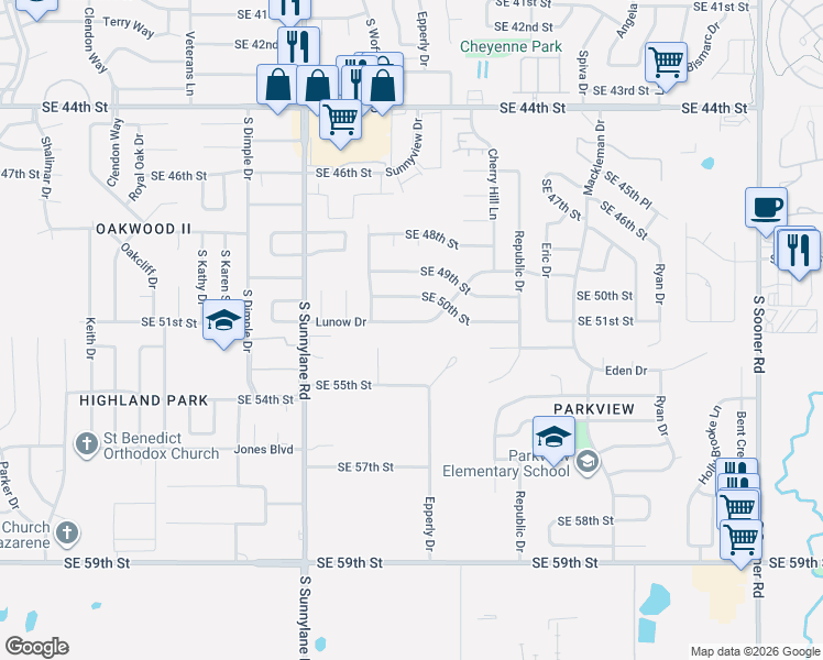 map of restaurants, bars, coffee shops, grocery stores, and more near 4600 Lunow Drive in Oklahoma City