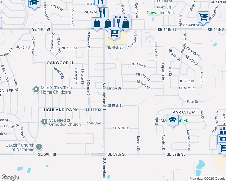 map of restaurants, bars, coffee shops, grocery stores, and more near 4320 Lunow Drive in Oklahoma City