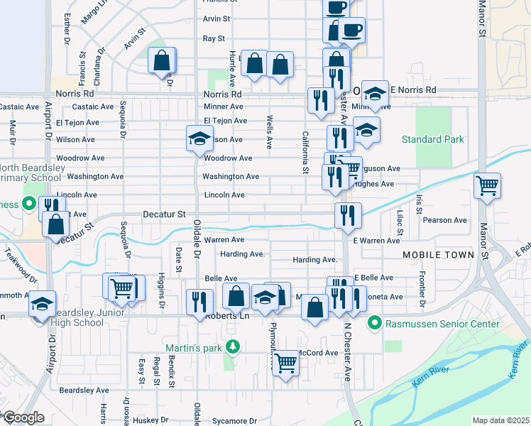 map of restaurants, bars, coffee shops, grocery stores, and more near 222 Decatur Street in Bakersfield