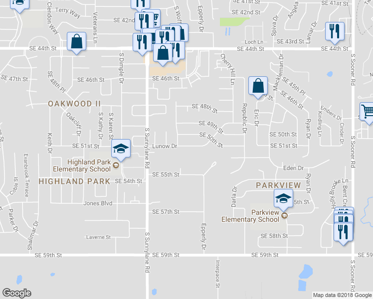 map of restaurants, bars, coffee shops, grocery stores, and more near 4512 Lunow Drive in Oklahoma City