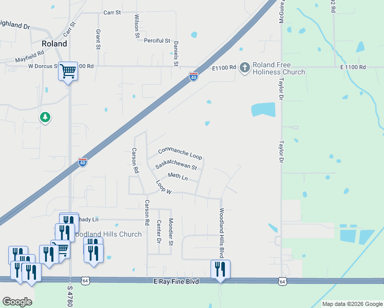 map of restaurants, bars, coffee shops, grocery stores, and more near 5044 Commanche Loop in Roland