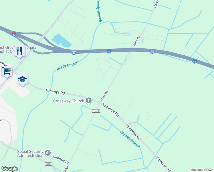map of restaurants, bars, coffee shops, grocery stores, and more near 451 Hare Road in Goldsboro