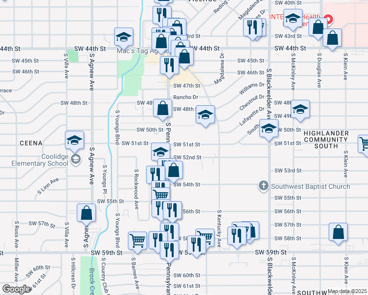 map of restaurants, bars, coffee shops, grocery stores, and more near 1616 Southwest 51st Street in Oklahoma City