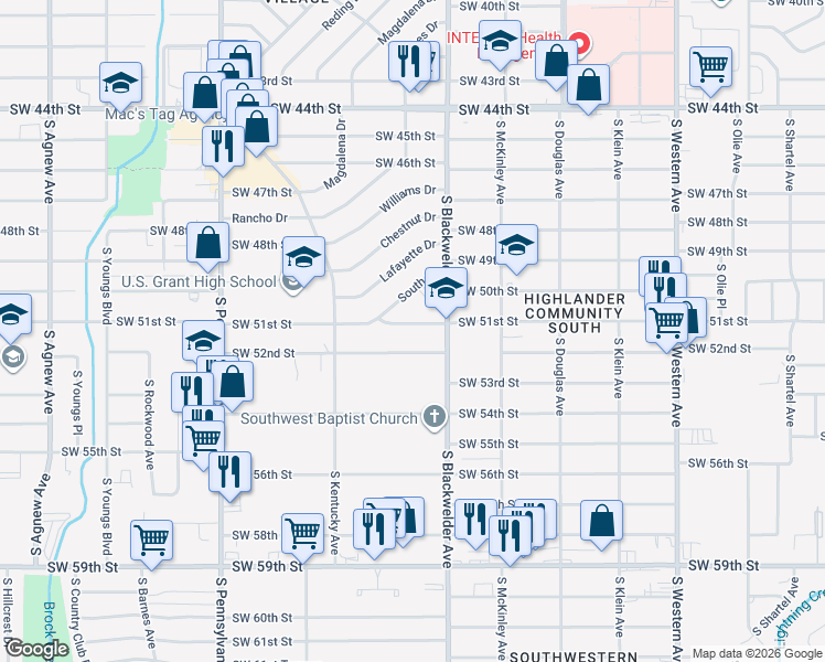 map of restaurants, bars, coffee shops, grocery stores, and more near 1326 Southwest 51st Street in Oklahoma City