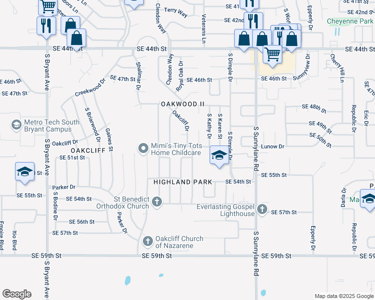 map of restaurants, bars, coffee shops, grocery stores, and more near 3728 Southeast 51st Street in Oklahoma City