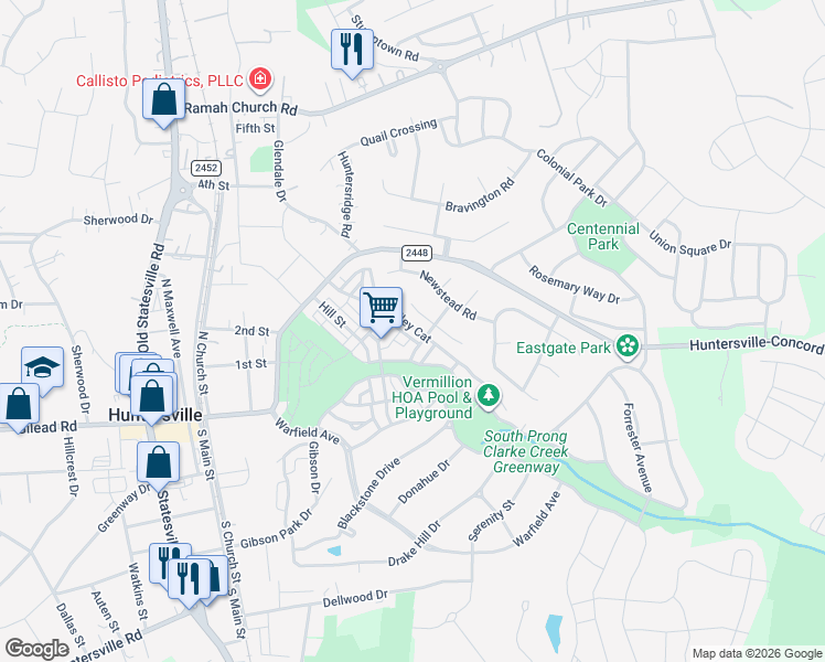 map of restaurants, bars, coffee shops, grocery stores, and more near 13724 Batemans Road in Huntersville