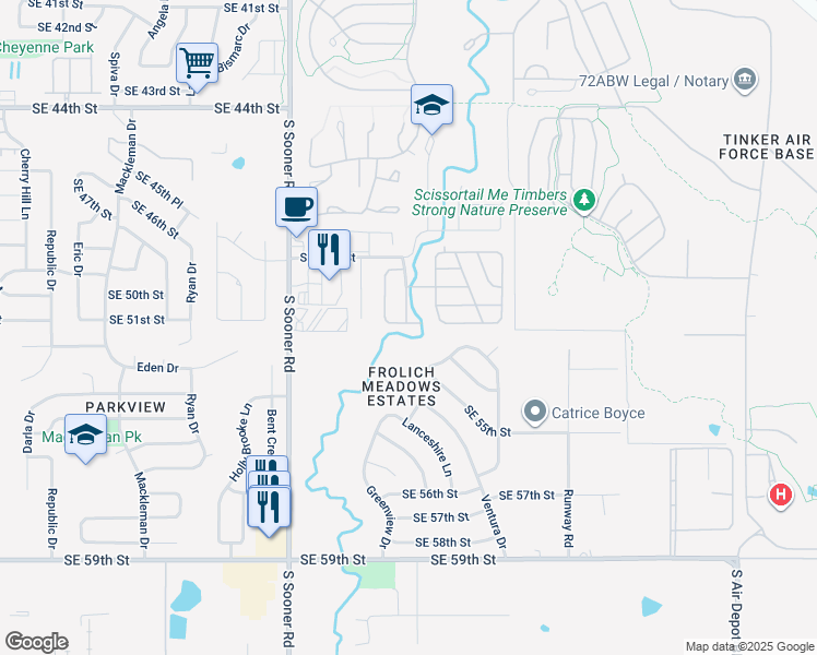 map of restaurants, bars, coffee shops, grocery stores, and more near 5209 Tinker Road in Oklahoma City
