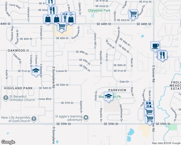 map of restaurants, bars, coffee shops, grocery stores, and more near 4513 Southeast 55th Street in Oklahoma City