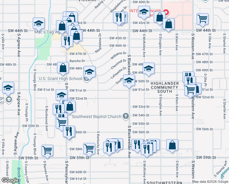 map of restaurants, bars, coffee shops, grocery stores, and more near 1326 Southwest 51st Street in Oklahoma City