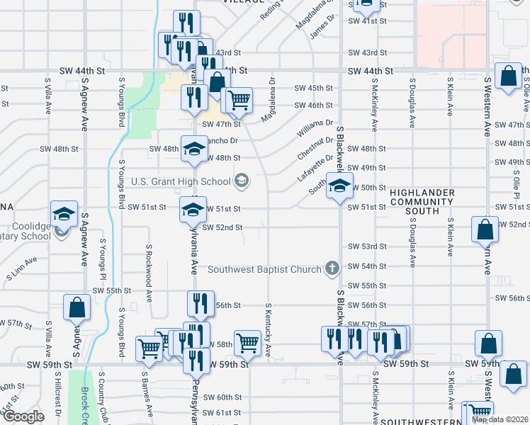 map of restaurants, bars, coffee shops, grocery stores, and more near 1440 Southwest 51st Street in Oklahoma City