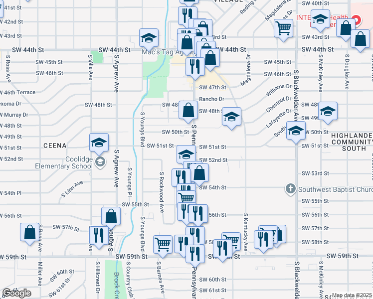 map of restaurants, bars, coffee shops, grocery stores, and more near 5236 South Pennsylvania Avenue in Oklahoma City