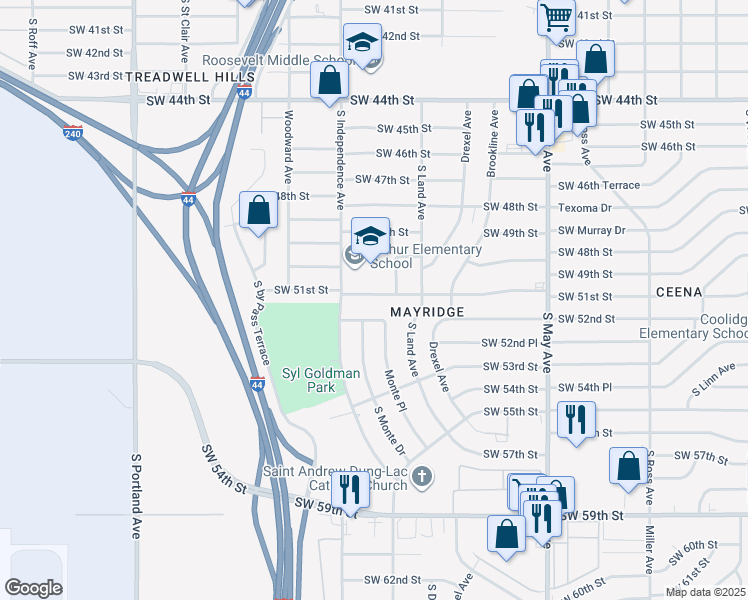map of restaurants, bars, coffee shops, grocery stores, and more near 3252 Southwest 51st Street in Oklahoma City
