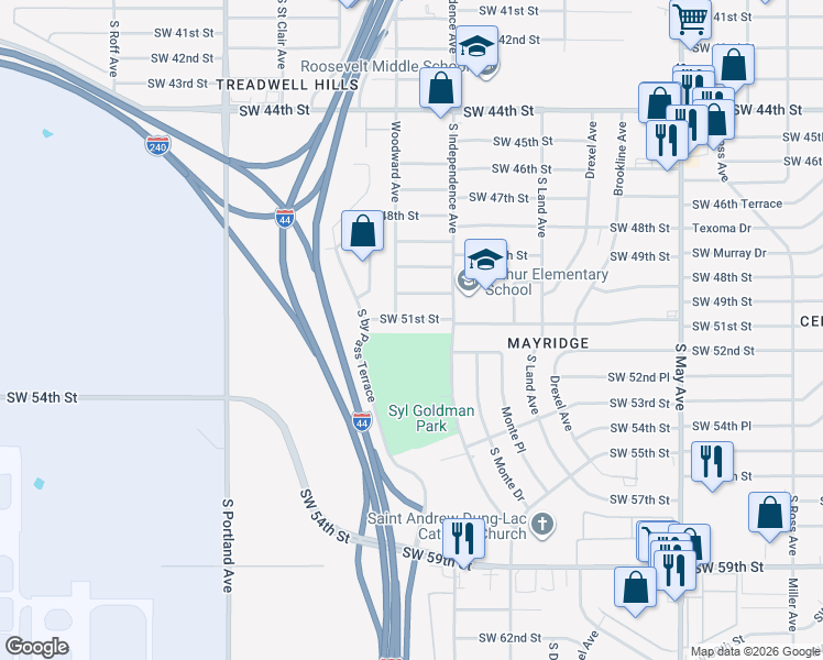 map of restaurants, bars, coffee shops, grocery stores, and more near 3336 Southwest 51st Street in Oklahoma City