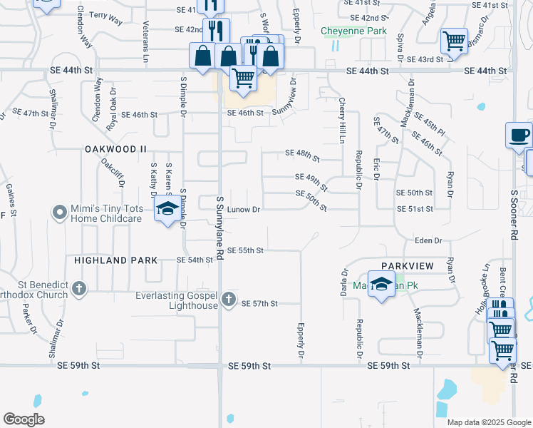 map of restaurants, bars, coffee shops, grocery stores, and more near 4500 Lunow Drive in Oklahoma City