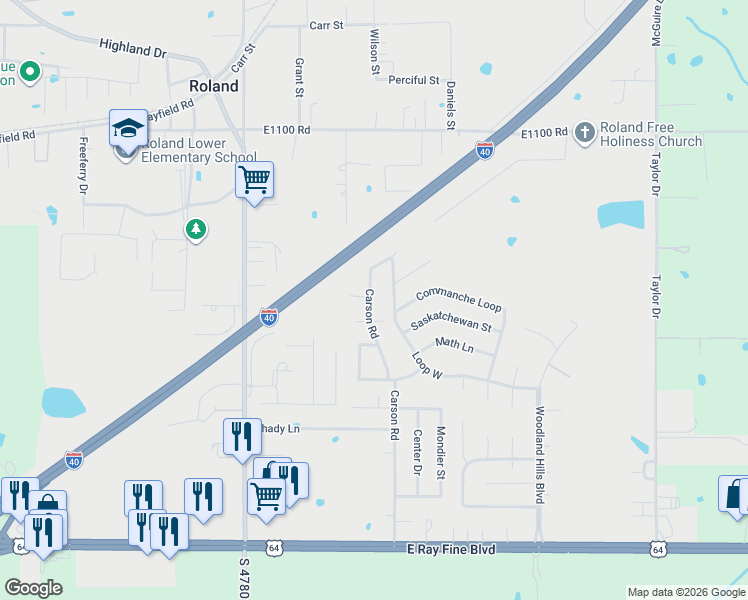 map of restaurants, bars, coffee shops, grocery stores, and more near 600 Carson Road in Roland