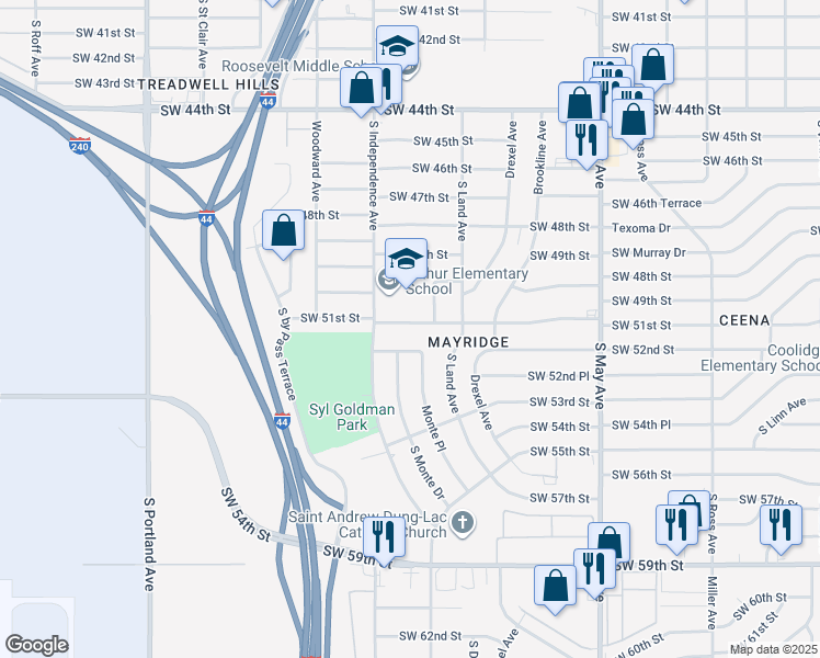 map of restaurants, bars, coffee shops, grocery stores, and more near 3252 Southwest 51st Street in Oklahoma City