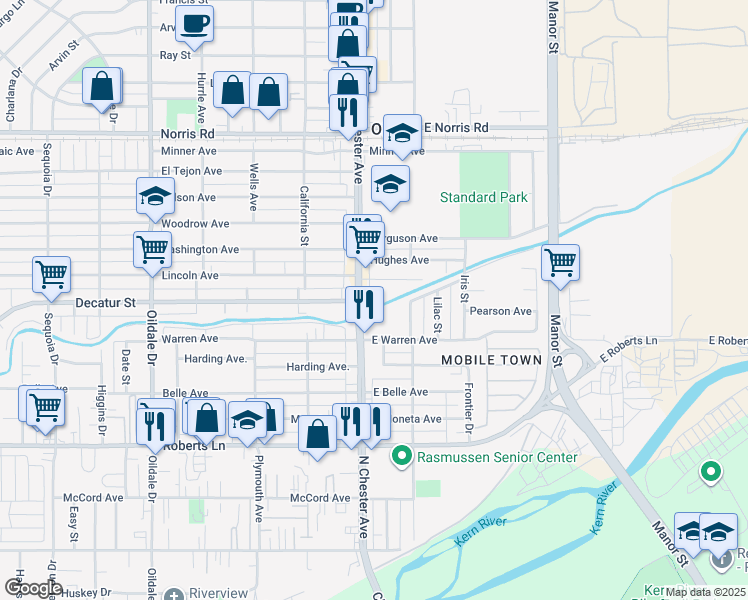 map of restaurants, bars, coffee shops, grocery stores, and more near 710 North Chester Avenue in Bakersfield