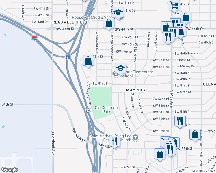 map of restaurants, bars, coffee shops, grocery stores, and more near 3304 Southwest 51st Street in Oklahoma City