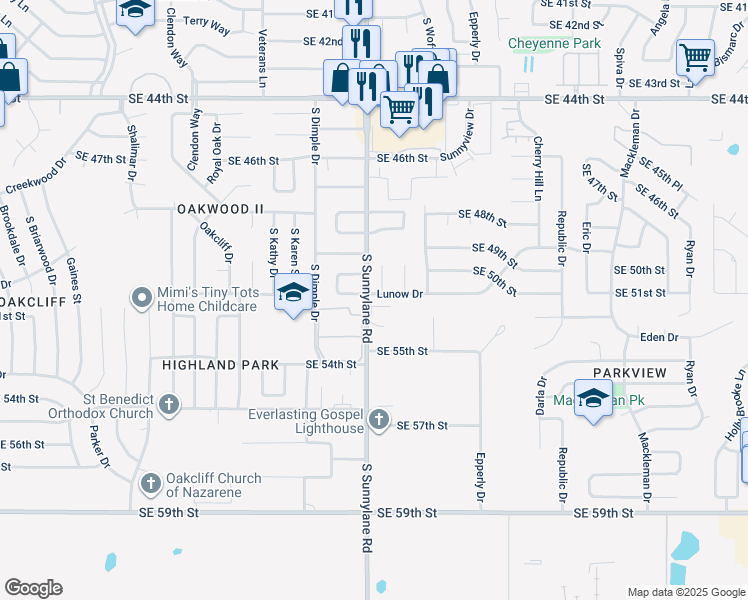 map of restaurants, bars, coffee shops, grocery stores, and more near 4300 Lunow Drive in Oklahoma City