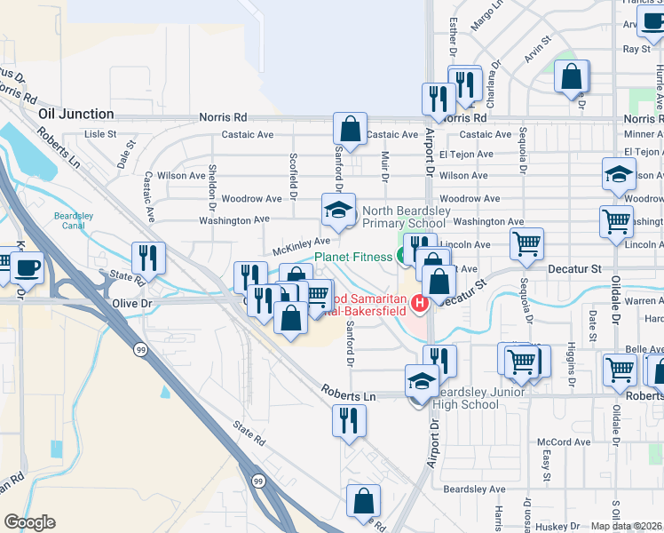 map of restaurants, bars, coffee shops, grocery stores, and more near 1000 Olive Drive in Bakersfield