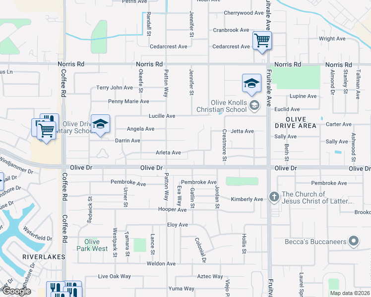 map of restaurants, bars, coffee shops, grocery stores, and more near 7108 Arleta Avenue in Bakersfield