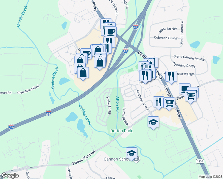 map of restaurants, bars, coffee shops, grocery stores, and more near 5511 Yorke Street Northwest in Concord