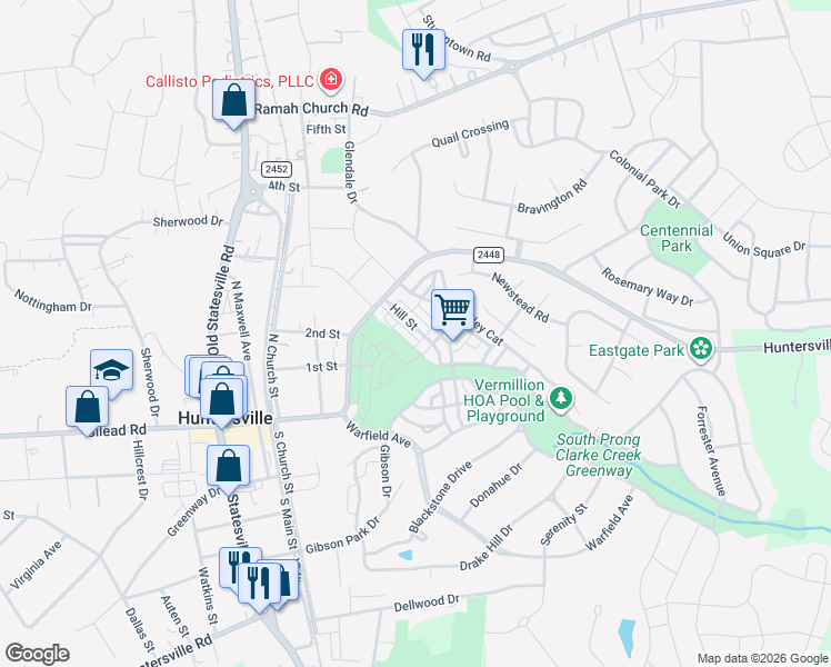 map of restaurants, bars, coffee shops, grocery stores, and more near 12115 Memory Lane in Huntersville
