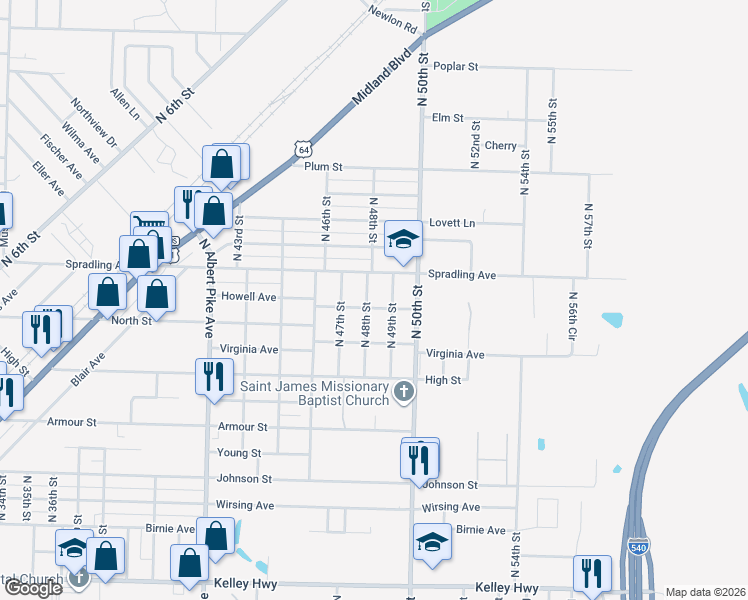 map of restaurants, bars, coffee shops, grocery stores, and more near 3601 North 49th Street in Fort Smith