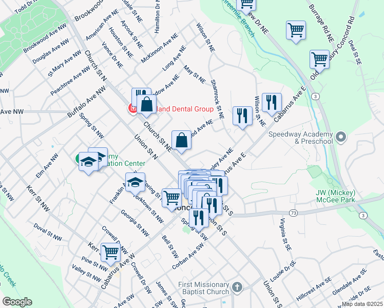 map of restaurants, bars, coffee shops, grocery stores, and more near 57 Creswell Drive Northeast in Concord
