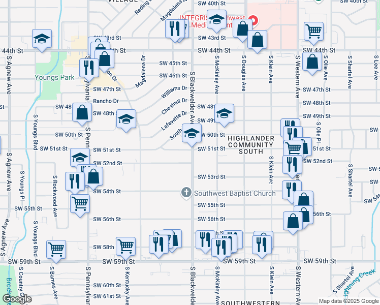 map of restaurants, bars, coffee shops, grocery stores, and more near 1300 Southwest 51st Street in Oklahoma City