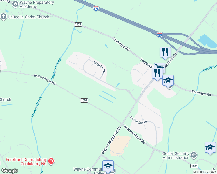 map of restaurants, bars, coffee shops, grocery stores, and more near 216 Windsor Creek Parkway in Goldsboro
