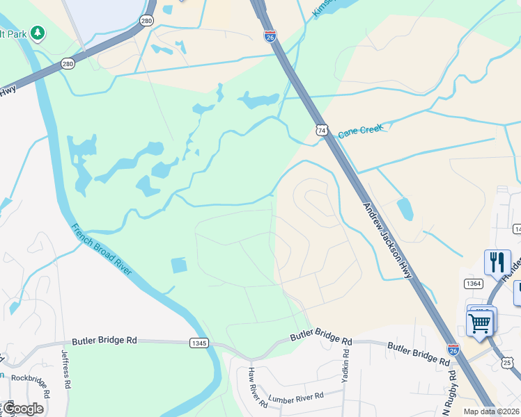 map of restaurants, bars, coffee shops, grocery stores, and more near 335 Tap Root Lane in Fletcher