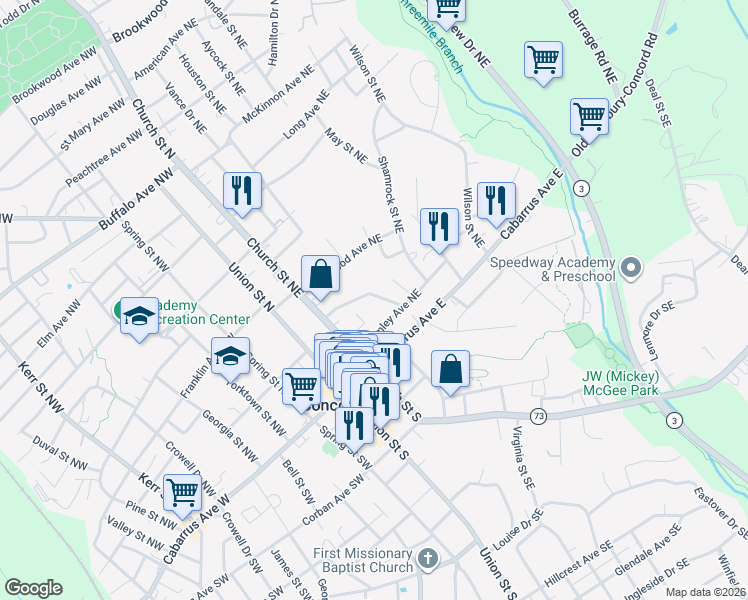map of restaurants, bars, coffee shops, grocery stores, and more near 94 Creswell Drive Northeast in Concord