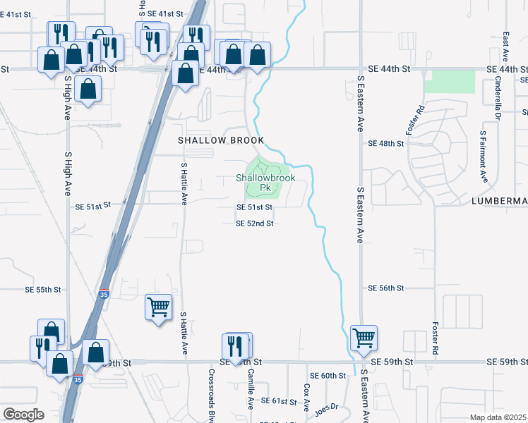 map of restaurants, bars, coffee shops, grocery stores, and more near 1620 Southeast 51st Street in Oklahoma City