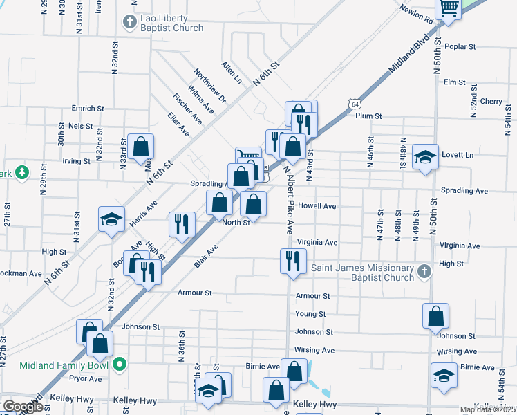 map of restaurants, bars, coffee shops, grocery stores, and more near 3604 Blair Avenue in Fort Smith