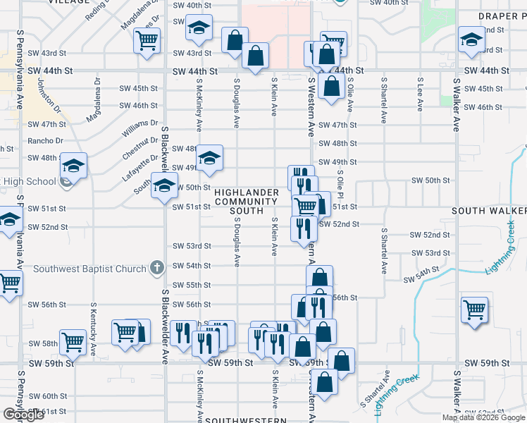 map of restaurants, bars, coffee shops, grocery stores, and more near 1012 Southwest 51st Street in Oklahoma City