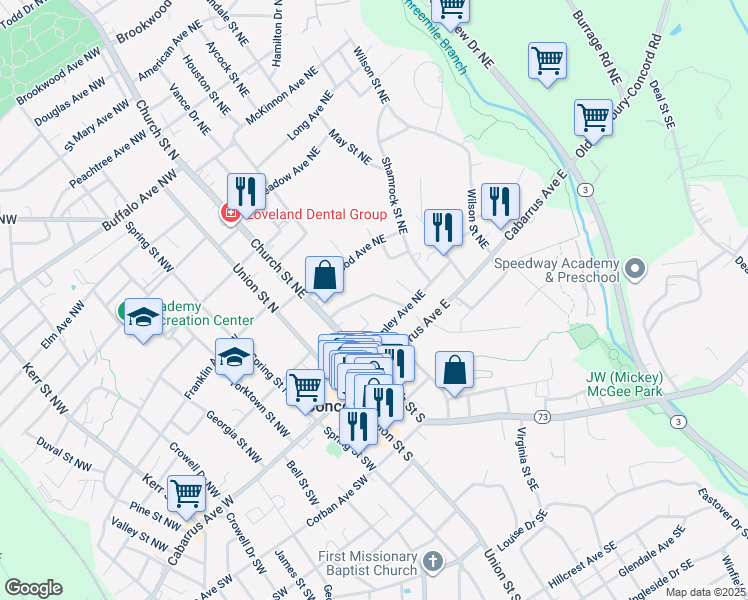 map of restaurants, bars, coffee shops, grocery stores, and more near 90 Creswell Drive Northeast in Concord