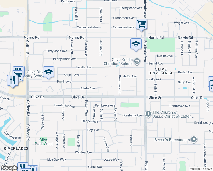 map of restaurants, bars, coffee shops, grocery stores, and more near 6000 Eugene Place in Bakersfield