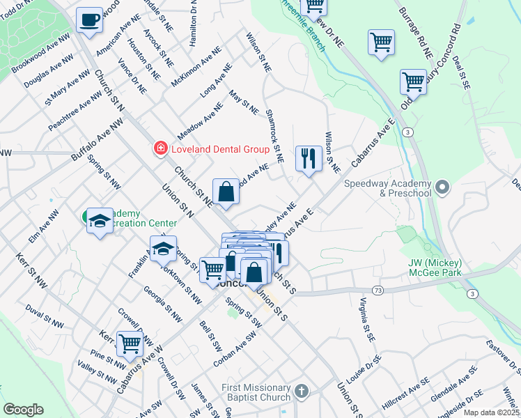 map of restaurants, bars, coffee shops, grocery stores, and more near 88 Creswell Drive Northeast in Concord