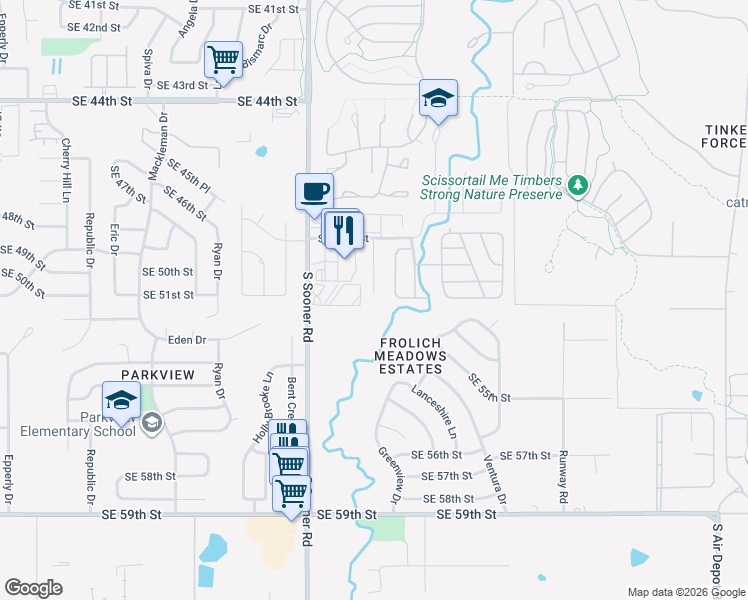 map of restaurants, bars, coffee shops, grocery stores, and more near 5209 Tinker Road in Oklahoma City