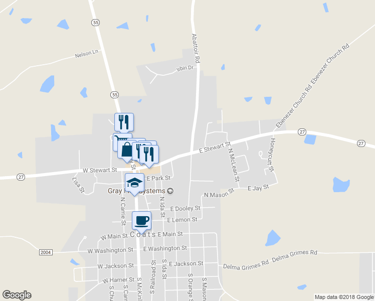 map of restaurants, bars, coffee shops, grocery stores, and more near 275 East Stewart Street in Coats